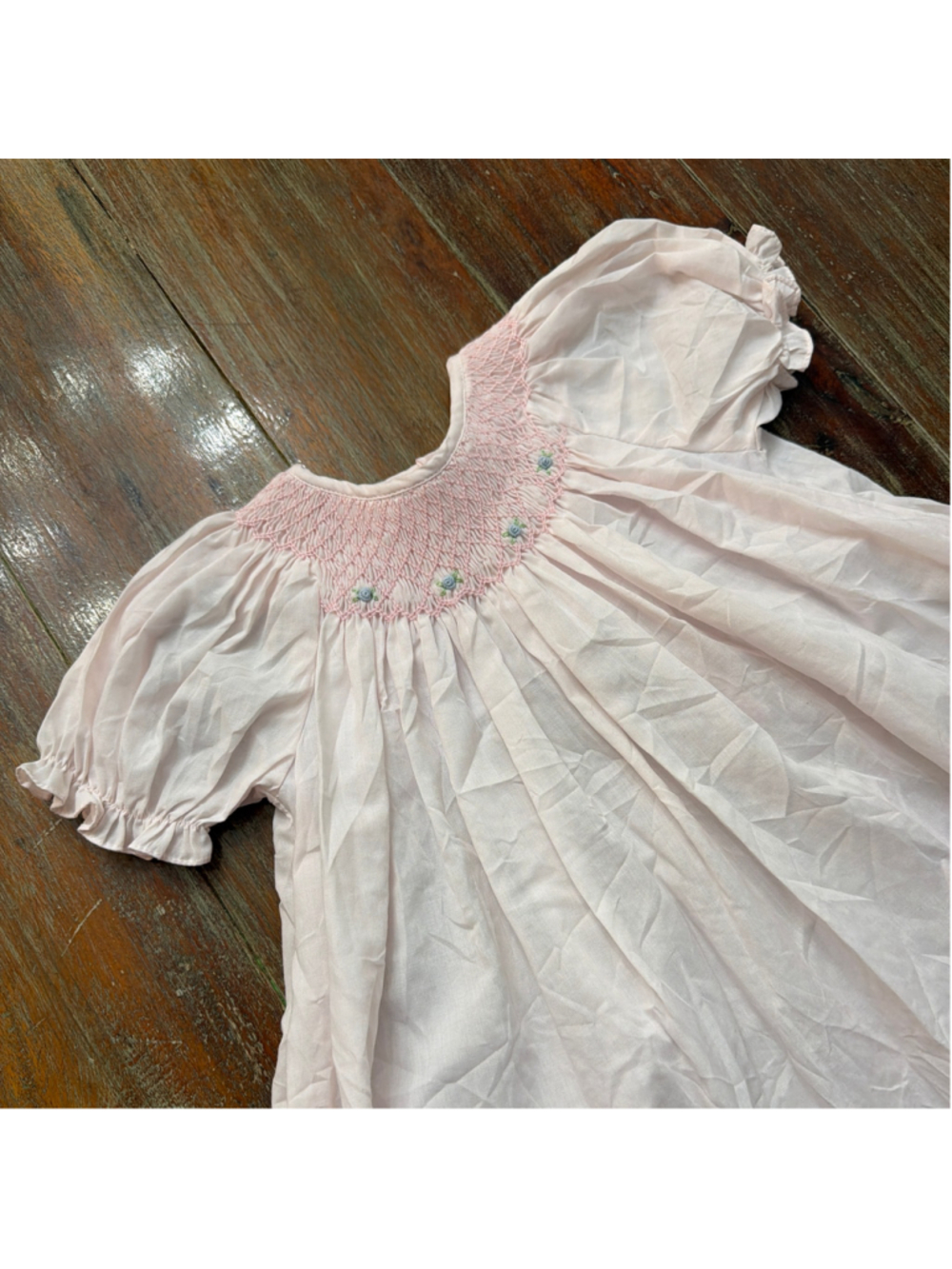 Petit Ami Baby Girl Pink Smocked Hand Embroidered Dress Blue Floral - Size 9M